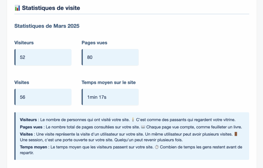 Statistiques mensuelles du site Web – Nombre de visiteurs, pages vues, temps moyen par session – Rapport Webanimus