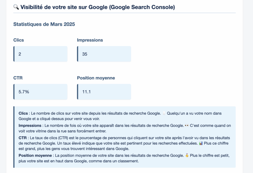 Analyse SEO Google Search Console – Clics, impressions, CTR et position moyenne – Rapport Webanimus