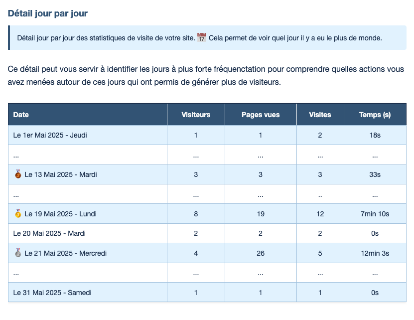 Détail des visites jour par jour du rapport mensuel inclus dans la maintenance web par Webanimus
